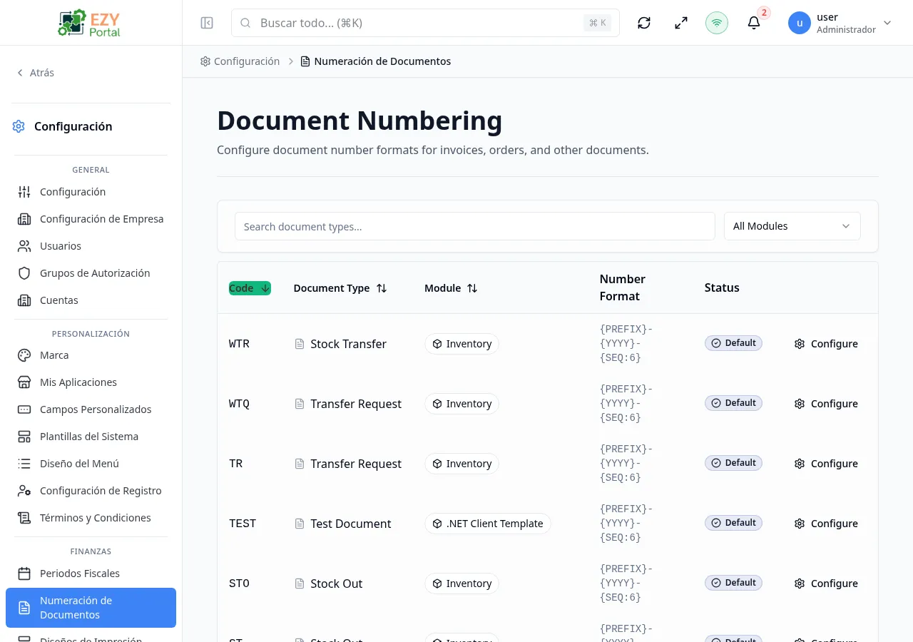 Menú de acciones de fila de Numeración de Documentos mostrando la opción Configurar