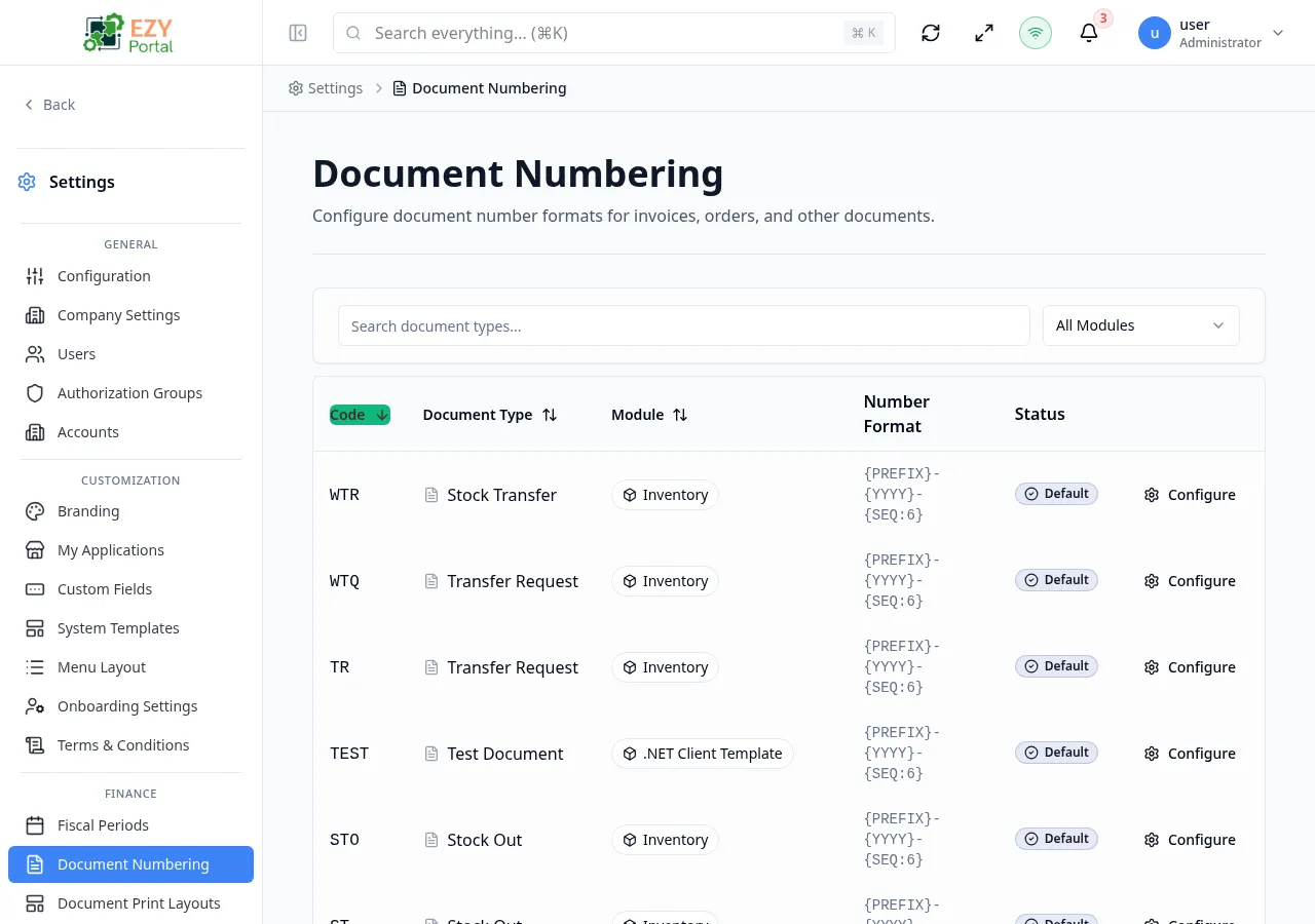 Document Numbering row actions menu showing the Configure option