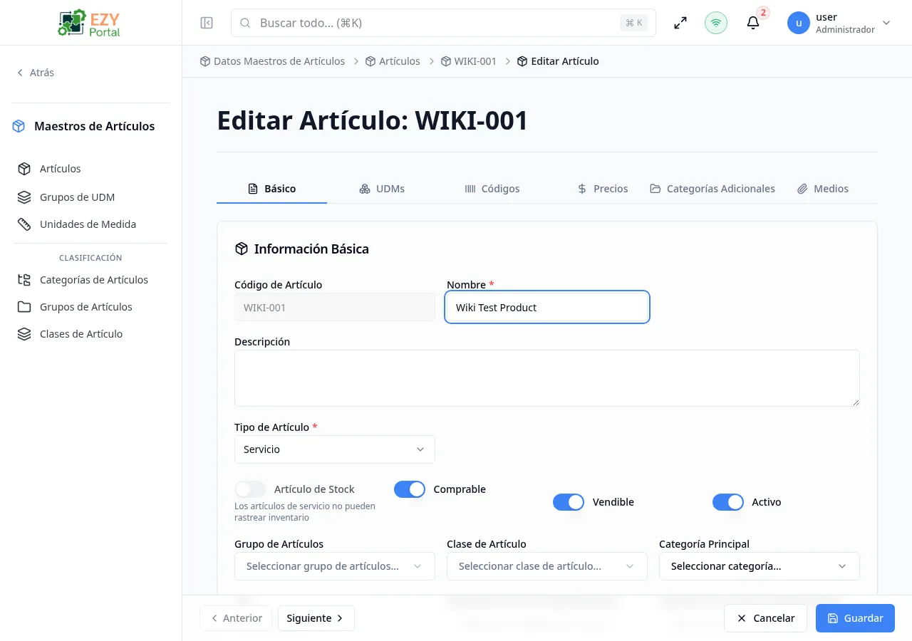 Página de edición de artículo