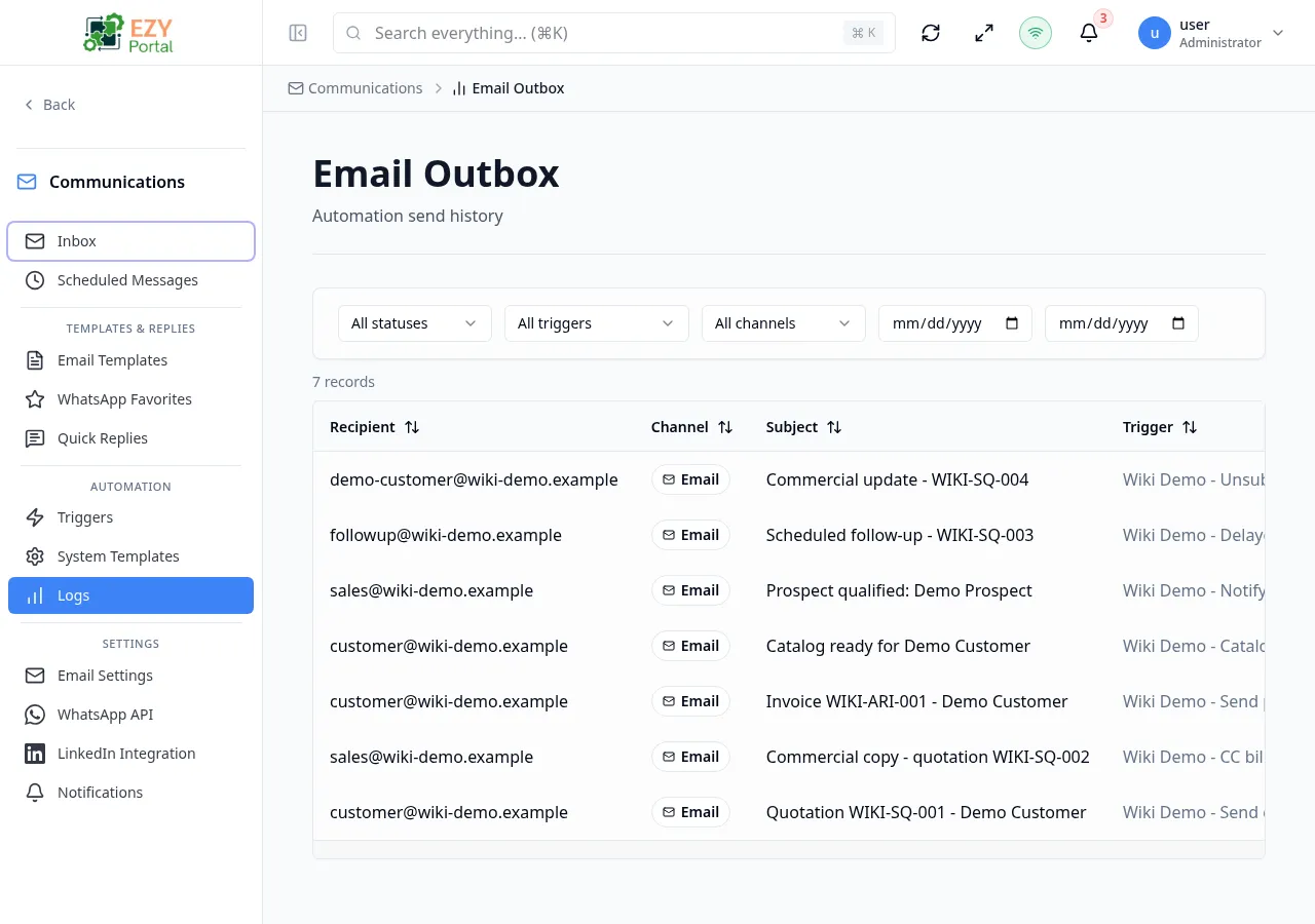 Email Outbox list showing populated rows with recipient, channel badge, subject, trigger name, status badge, and sent-at timestamp