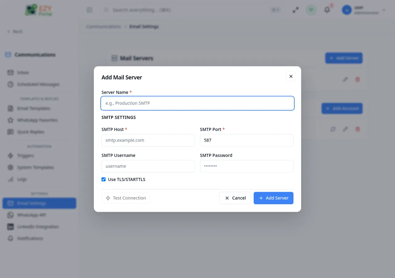 Add Mail Server dialog showing Name, SMTP Host, SMTP Port, SMTP Username, SMTP Password, and Use TLS fields filled with sample data