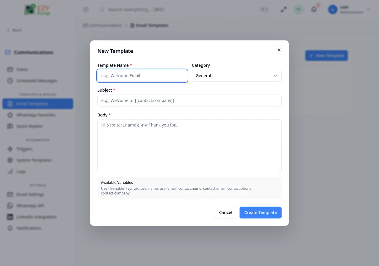 New Email Template dialog with Name, Category, Subject, and Body fields filled with sample data