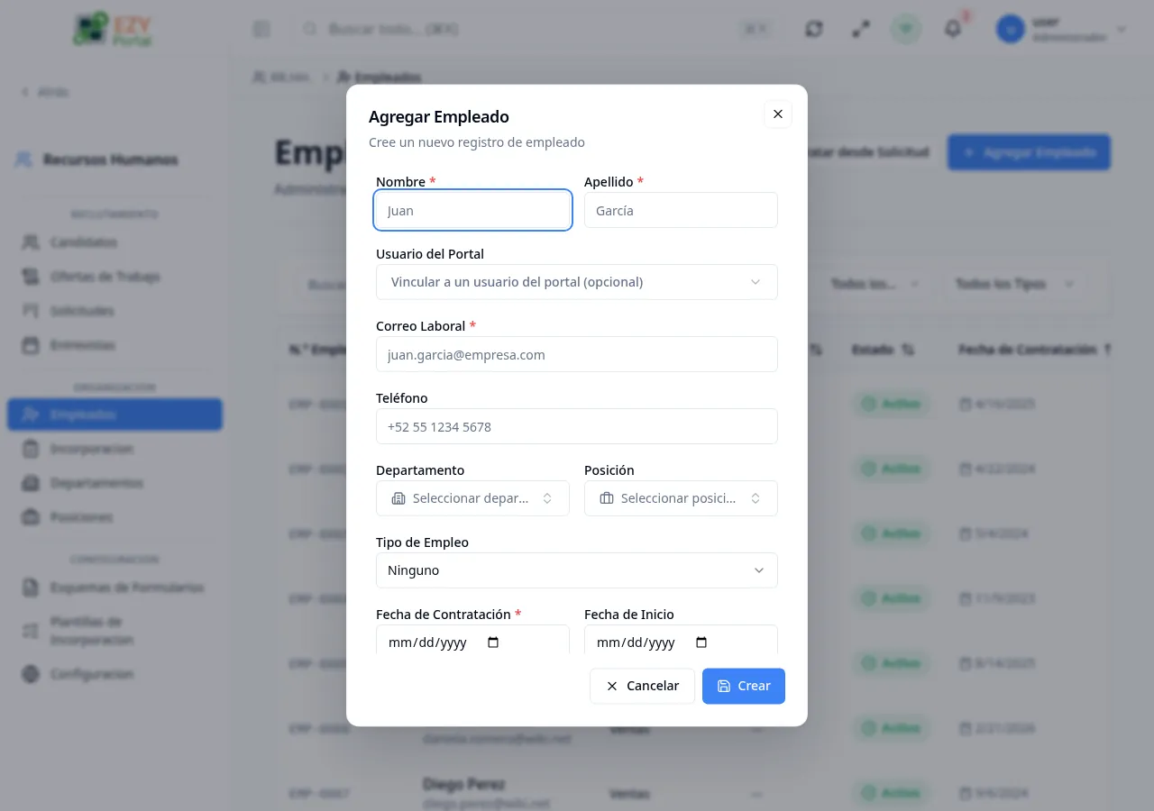 Diálogo Crear Empleado con campos de Nombre, Apellido, Correo Laboral, Número de Empleado, Departamento, Cargo, Gerente, Fecha de Contratación, Tipo de Empleo y Estado