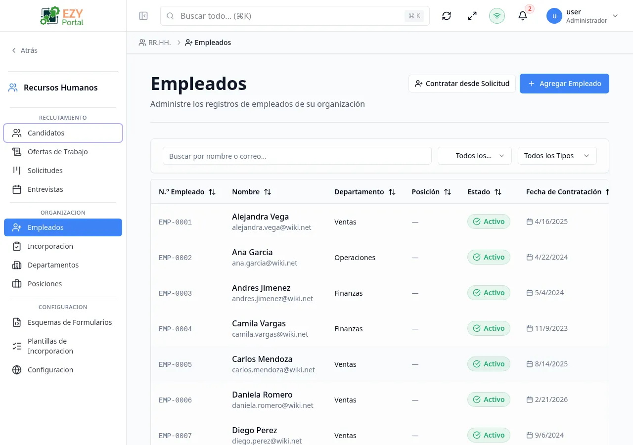 Lista de Empleados mostrando columnas N.° Empleado, Nombre, Departamento, Cargo, Estado, Fecha de Contratación y Tipo con varias filas completadas