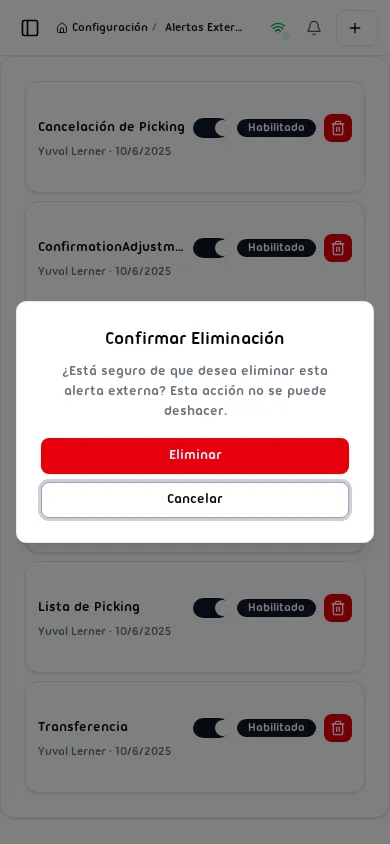 Diálogo Confirmar Eliminación solicitando confirmar la eliminación de una alerta