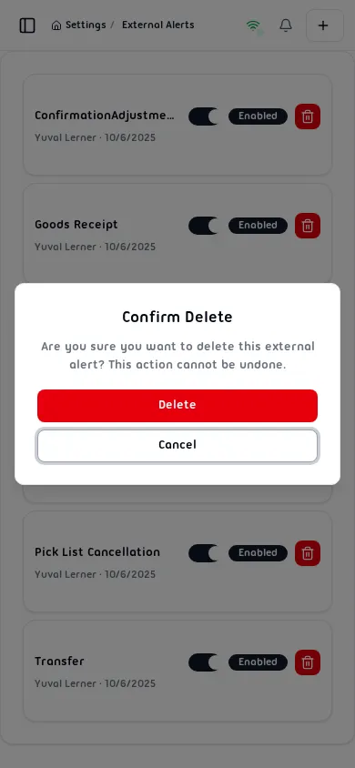 Confirm Delete dialog asking to confirm removal of an alert