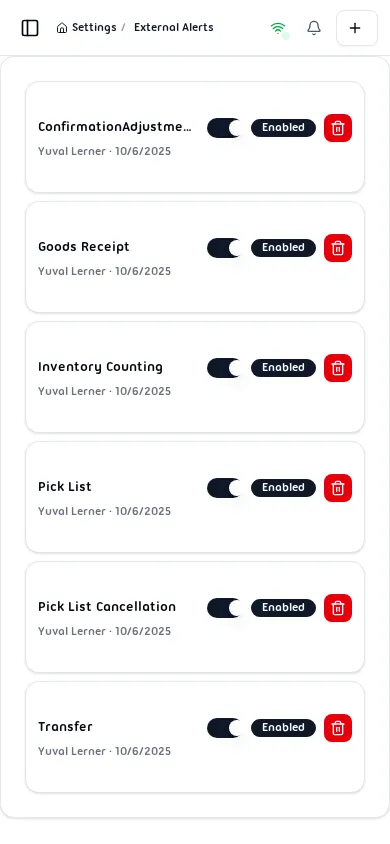 External Alerts list showing configured alerts with Object Type, External User, Status, and Created At columns