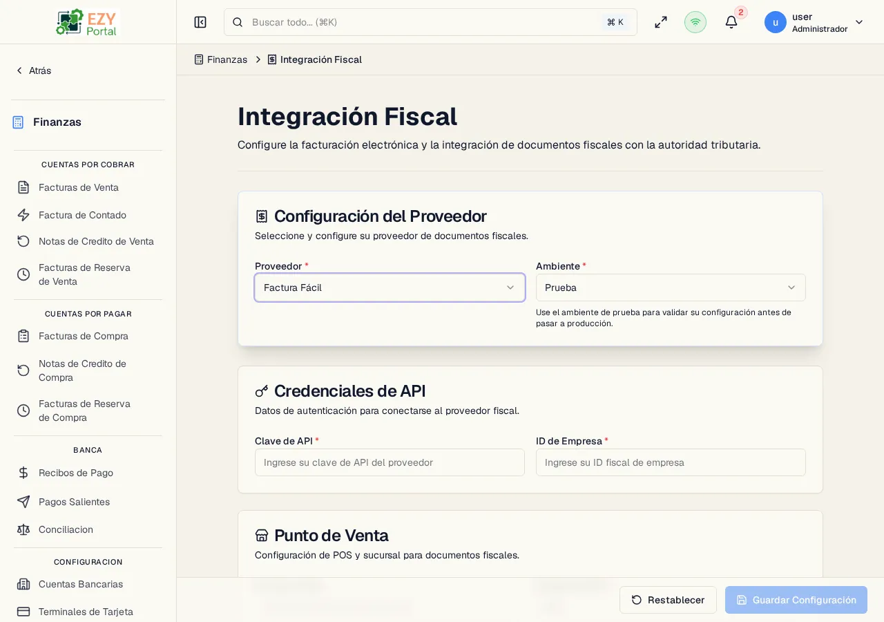 Página de Integración Fiscal con las tarjetas de configuración de Proveedor, Credenciales, Punto de Venta y Estado/Prueba de Conexión