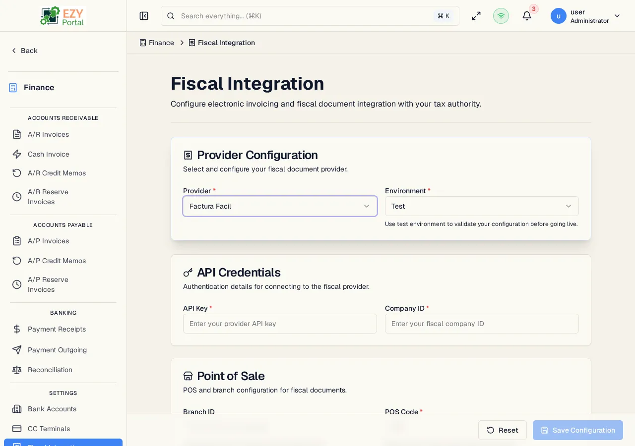 Fiscal Integration settings page showing the Provider, Credentials, POS Configuration, and Status/Test Connection cards