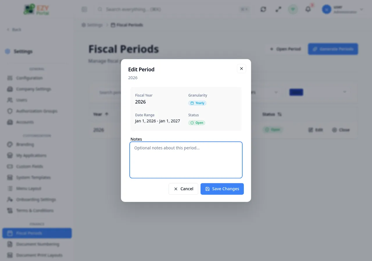 Generate Fiscal Periods dialog with Fiscal Year, Granularity, and Start Date fields filled in