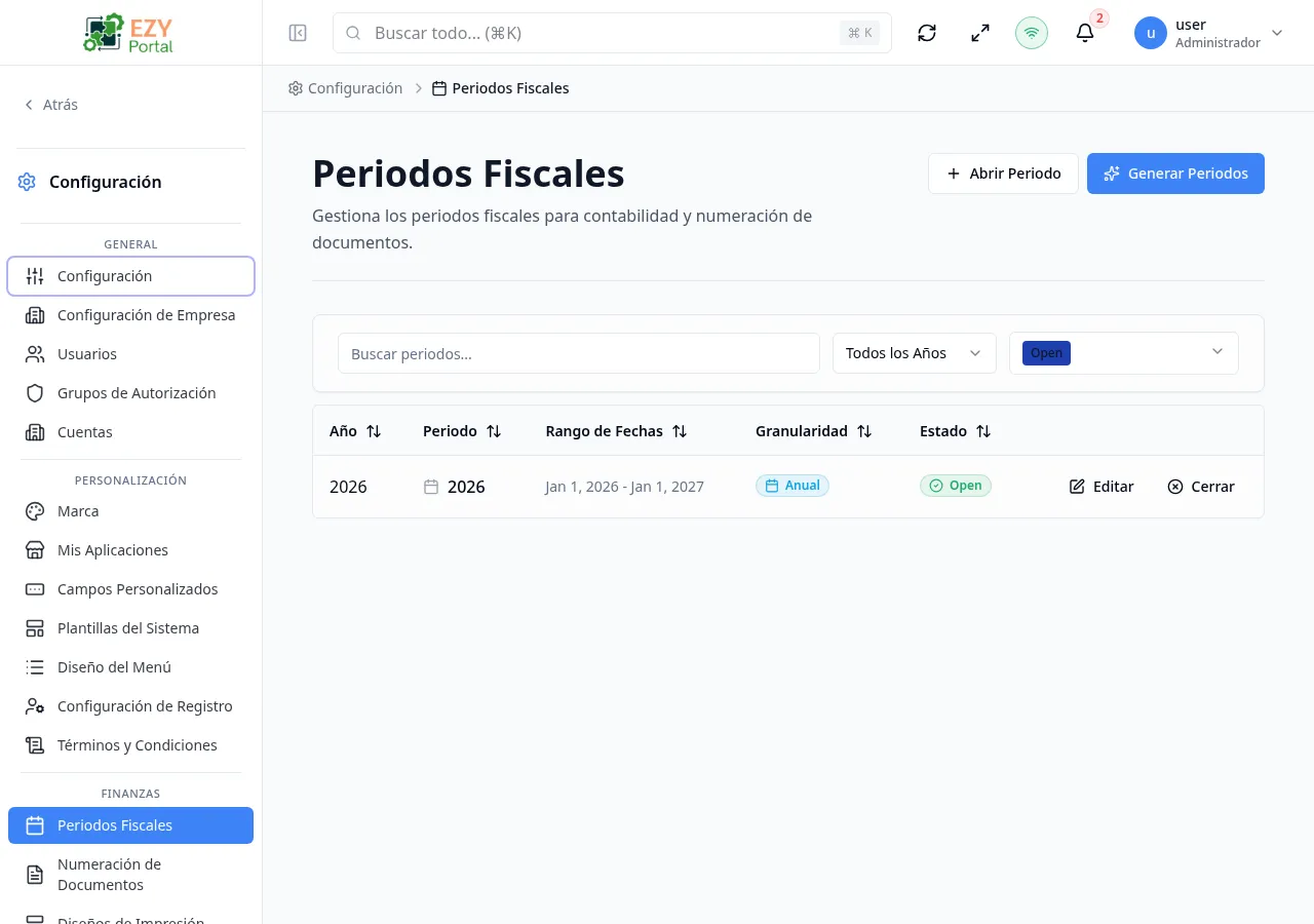 Página de períodos fiscales