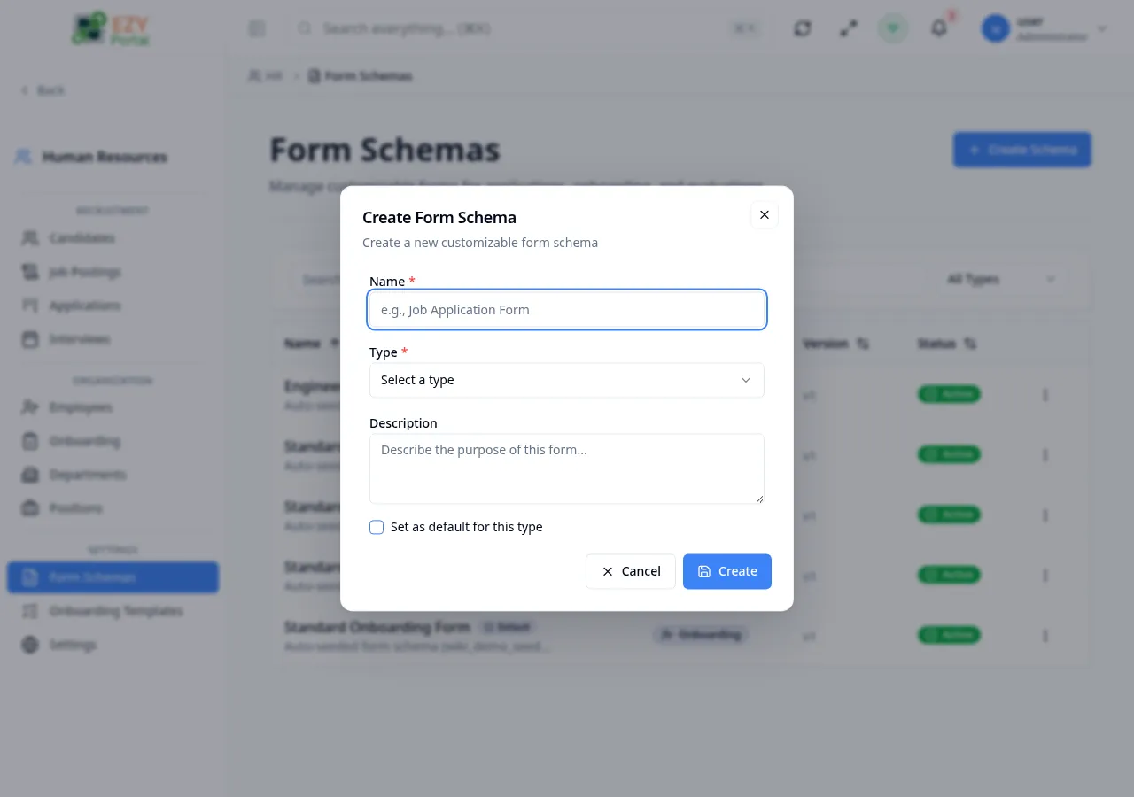 Create Form Schema dialog showing Name, Type, Description, and Set as Default fields