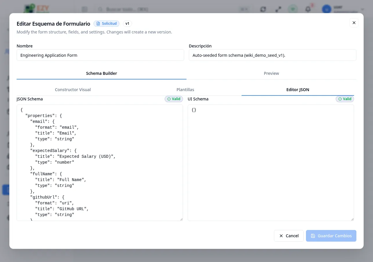 Pestaña Editor JSON del editor de esquemas mostrando la definición JSON sin procesar del esquema