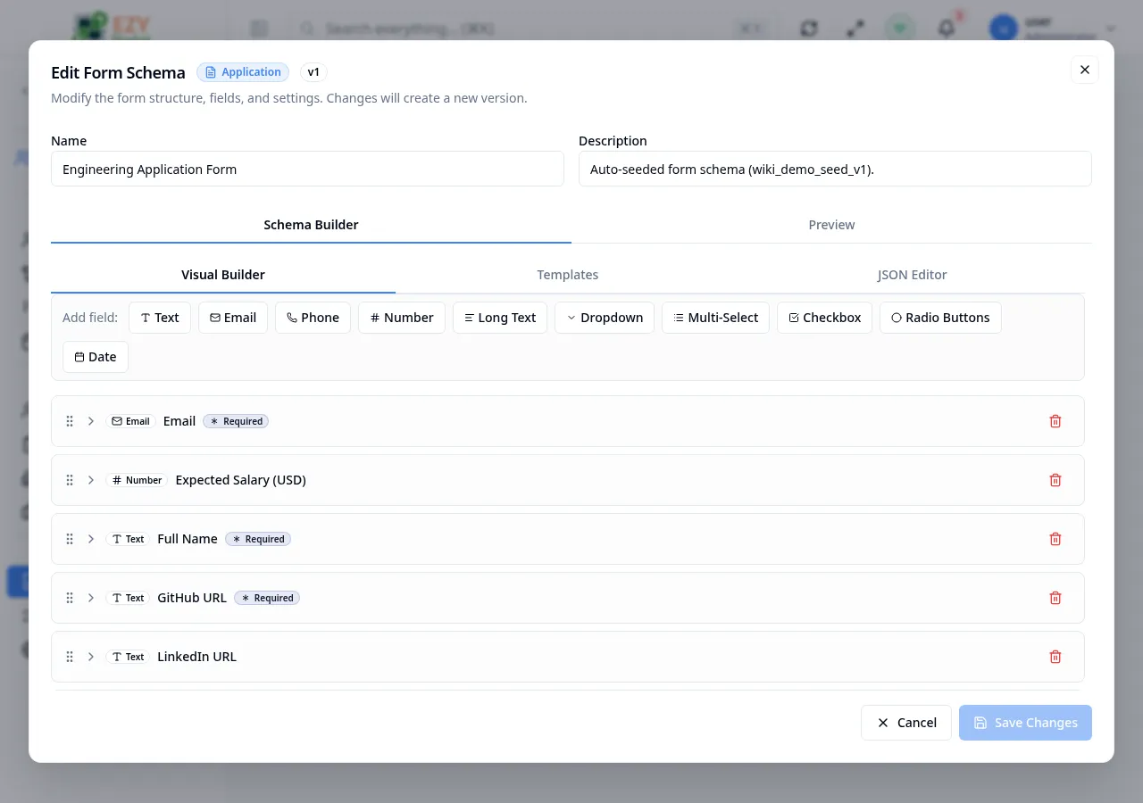 Visual Builder tab of the form schema editor with several fields added including text, dropdown, and long text field types