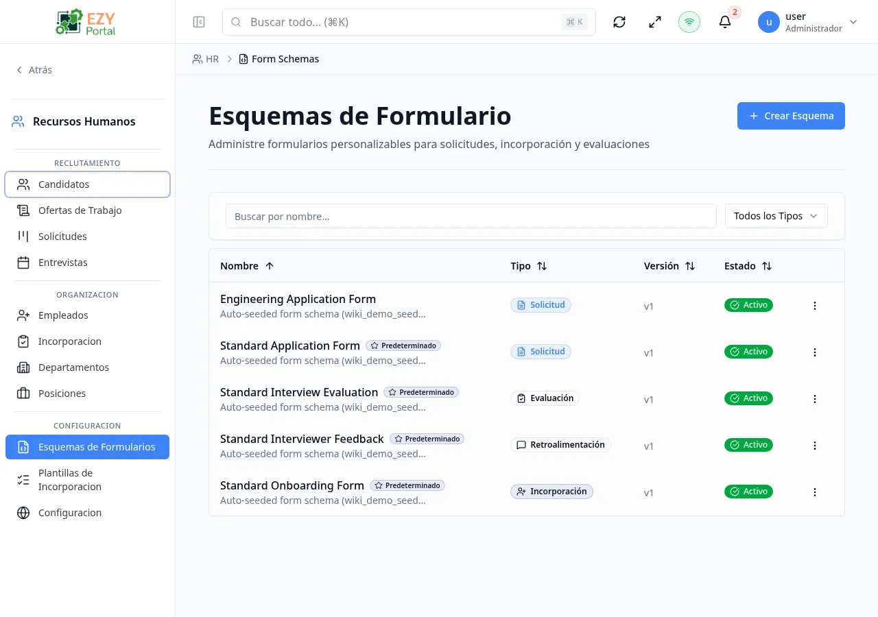 Lista de Esquemas de Formularios mostrando columnas Nombre, Tipo, Versión, Estado y Creado con distintivos de Predeterminado en algunas filas