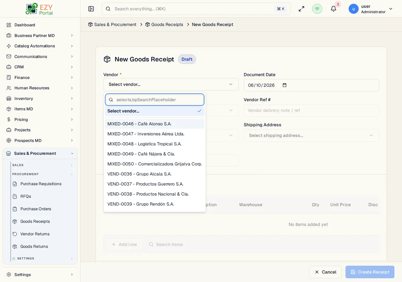 Create Goods Receipt form showing vendor, document date, vendor reference, received by, payment terms, and editable lines