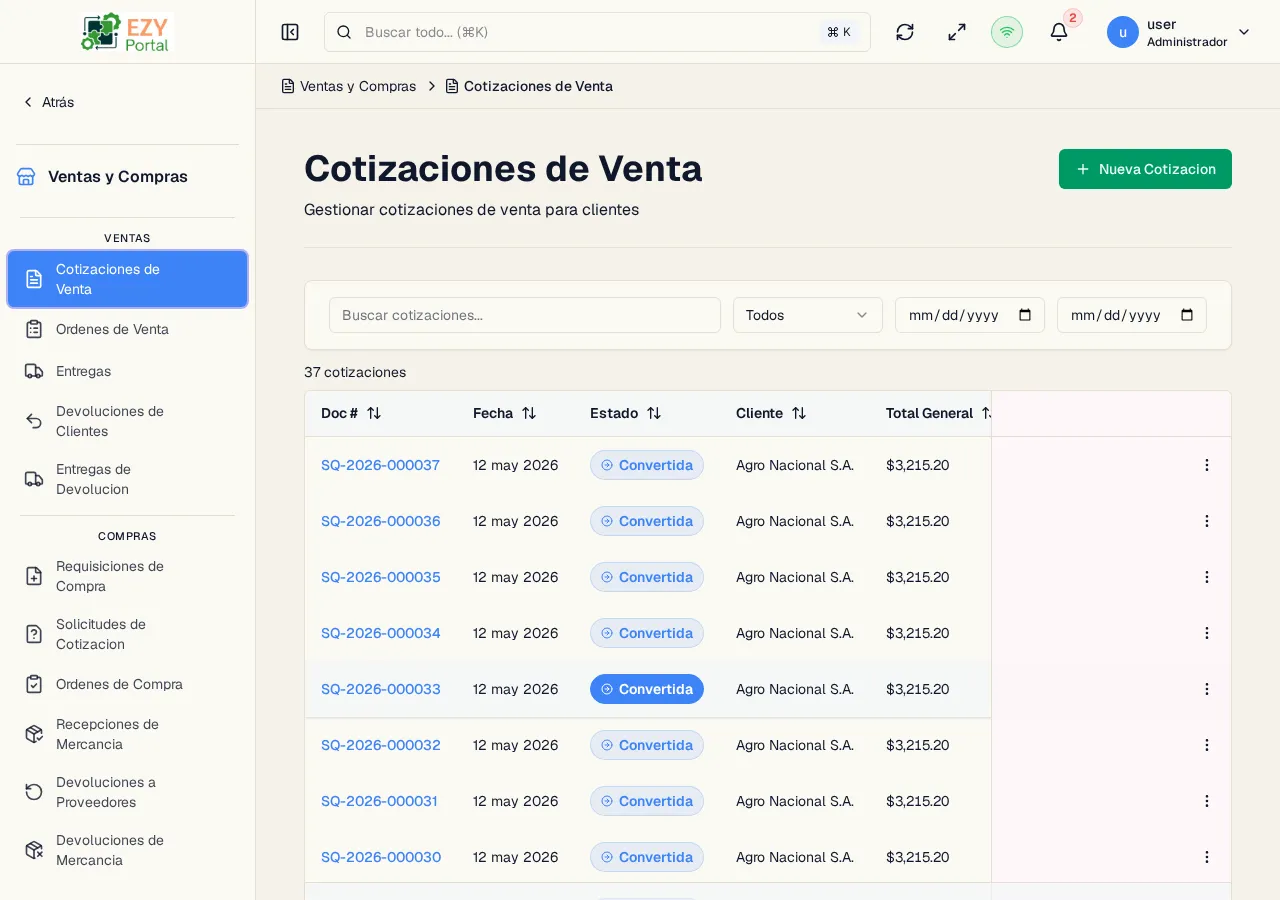 Lista de Recepciones de Mercancía mostrando columnas de número de documento, fecha, estado, proveedor y total