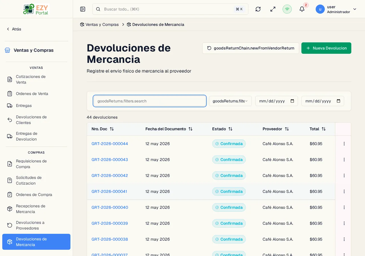 Lista de Devoluciones de Mercancía mostrando columnas de número de documento, fecha, estado, proveedor y total