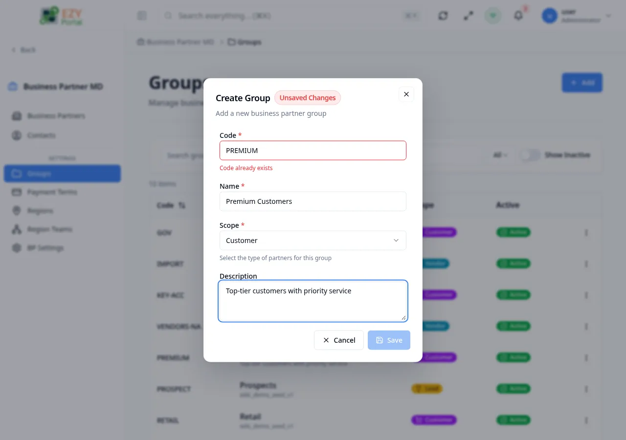 Create group dialog