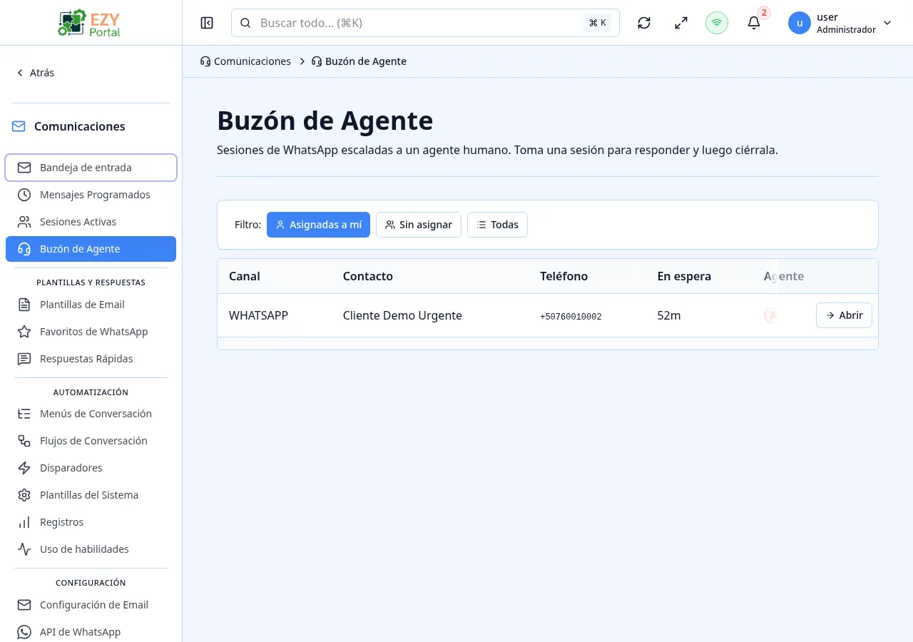 Buzón de Agente con filas por sesión que muestran teléfono, agente asignado, tiempo transcurrido y vista previa del último mensaje, además de los filtros Mí / Sin asignar / Todos