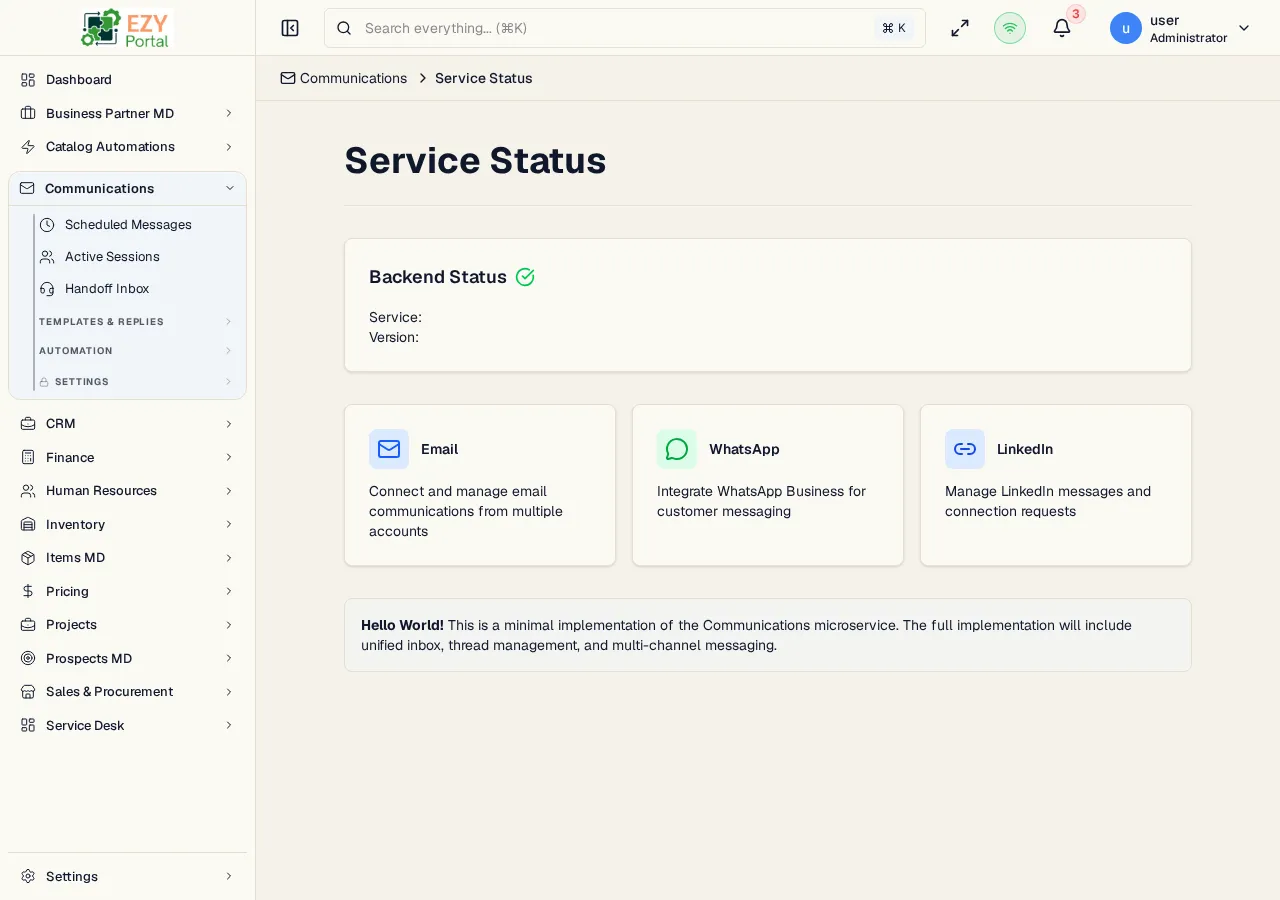 Communications status page