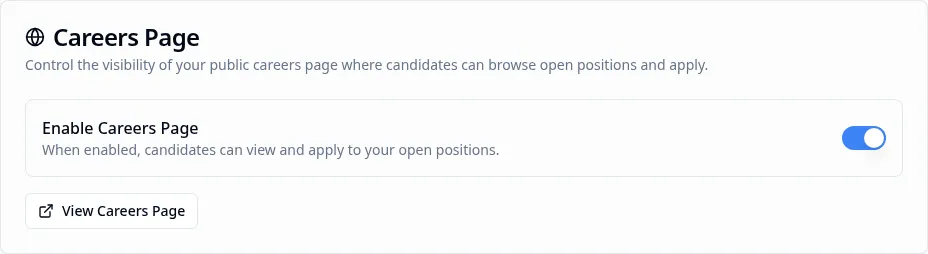 Careers Page card showing the Enable toggle in the on state with the View Careers Page button visible