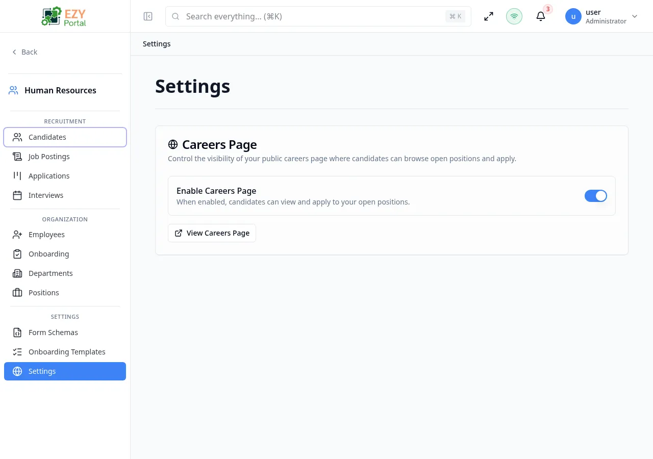 HR Settings page showing the Careers Page card with the Enable toggle and View Careers Page button