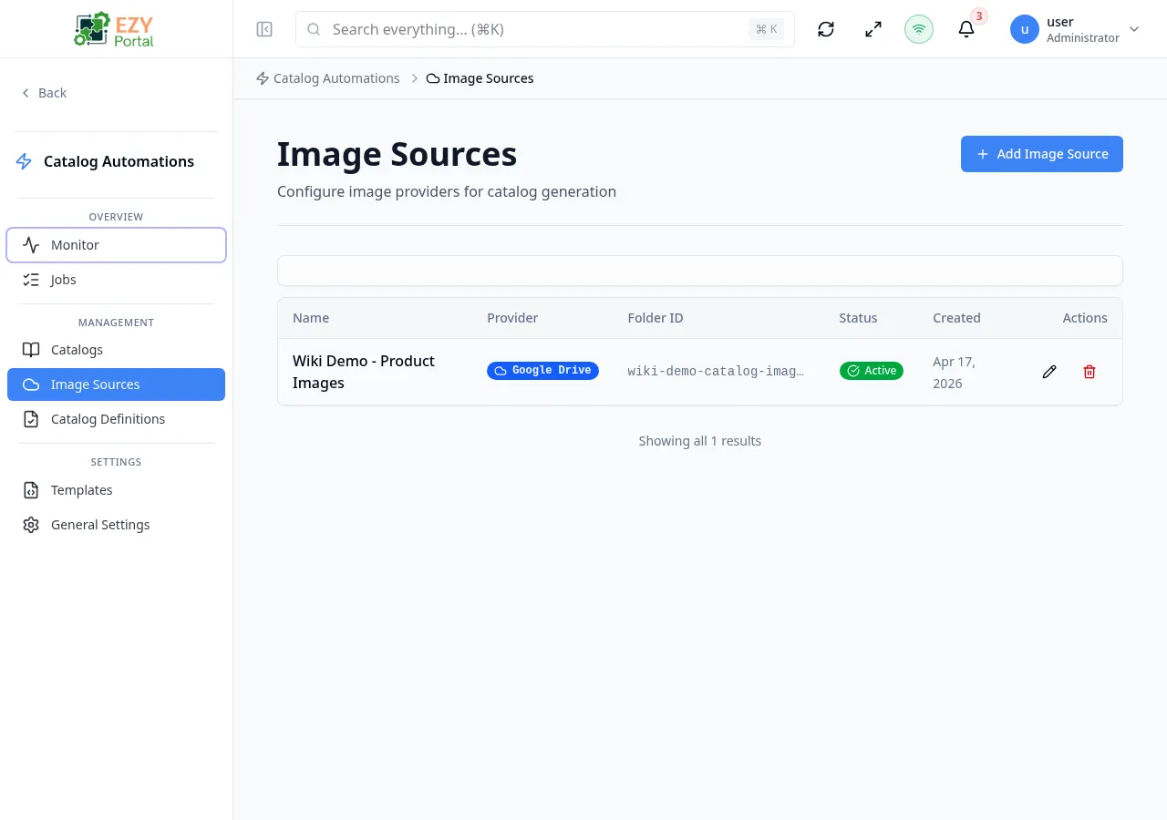 Image Sources list page showing configured providers with name, provider type, folder ID, status, and created columns