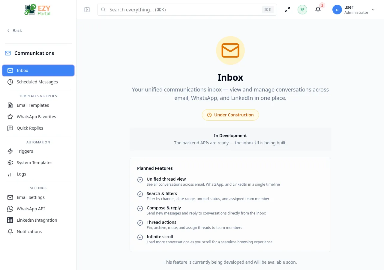 Inbox page showing a list of conversation threads with channel icons, contact names, subjects, and timestamps