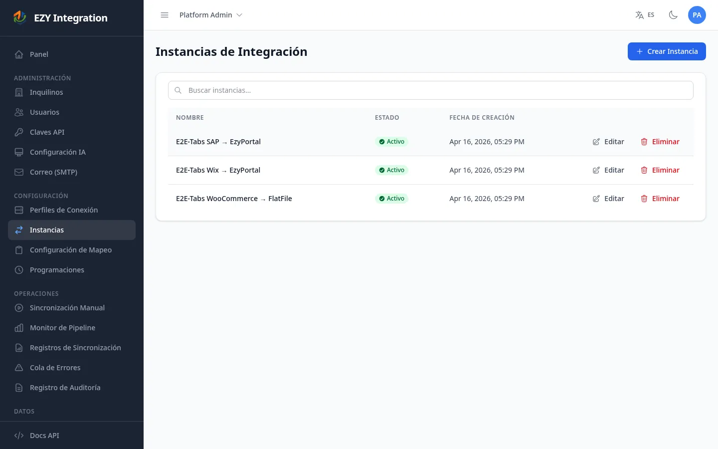 Página de edición de Instancia