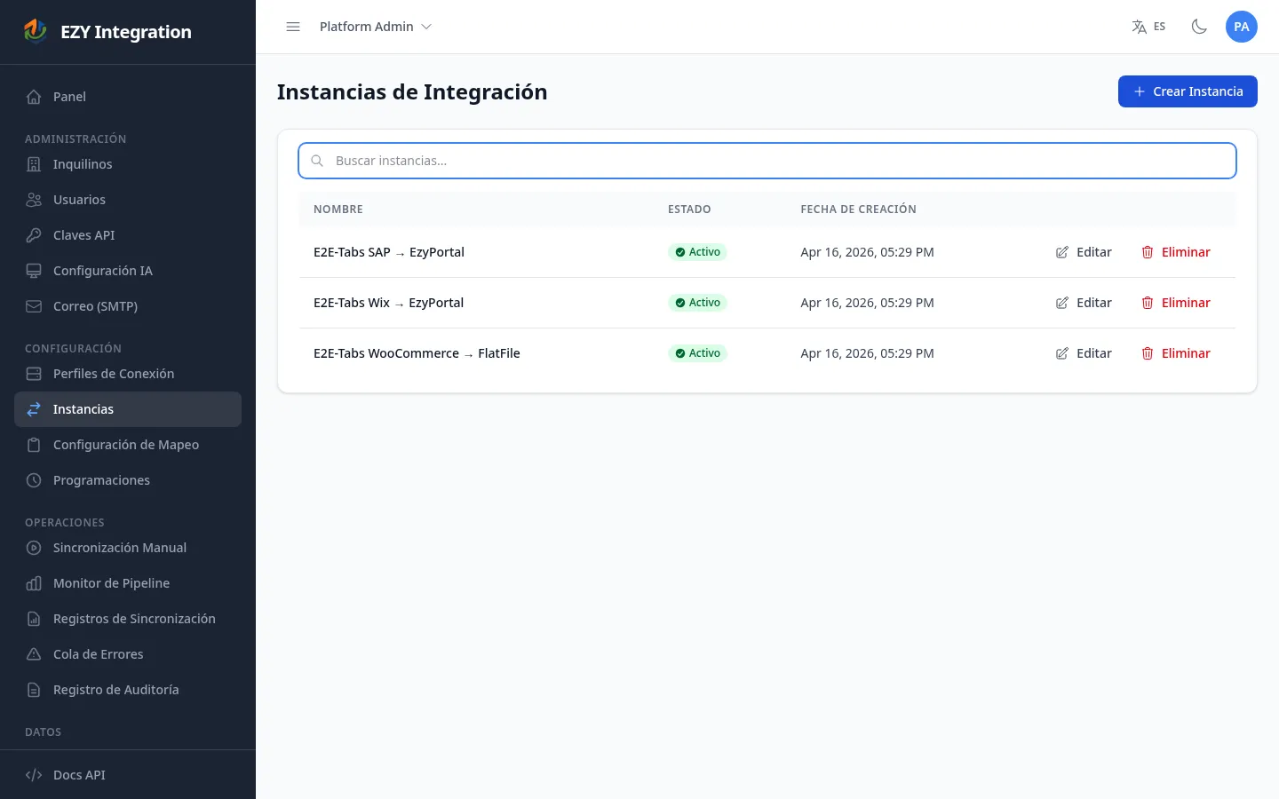 Lista de Instancias (punto de entrada del disparo manual)