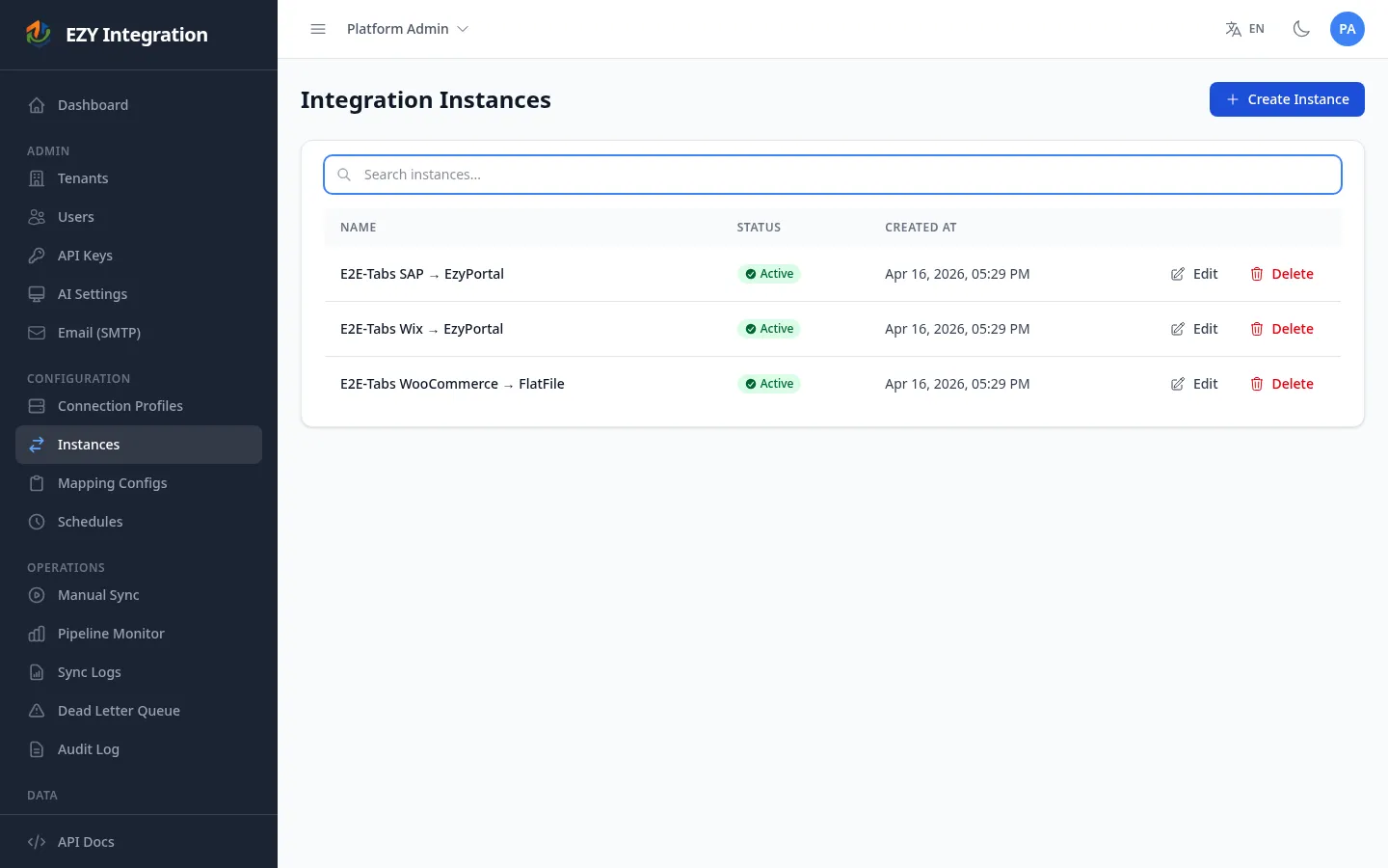 Instances list with populated rows and mixed statuses