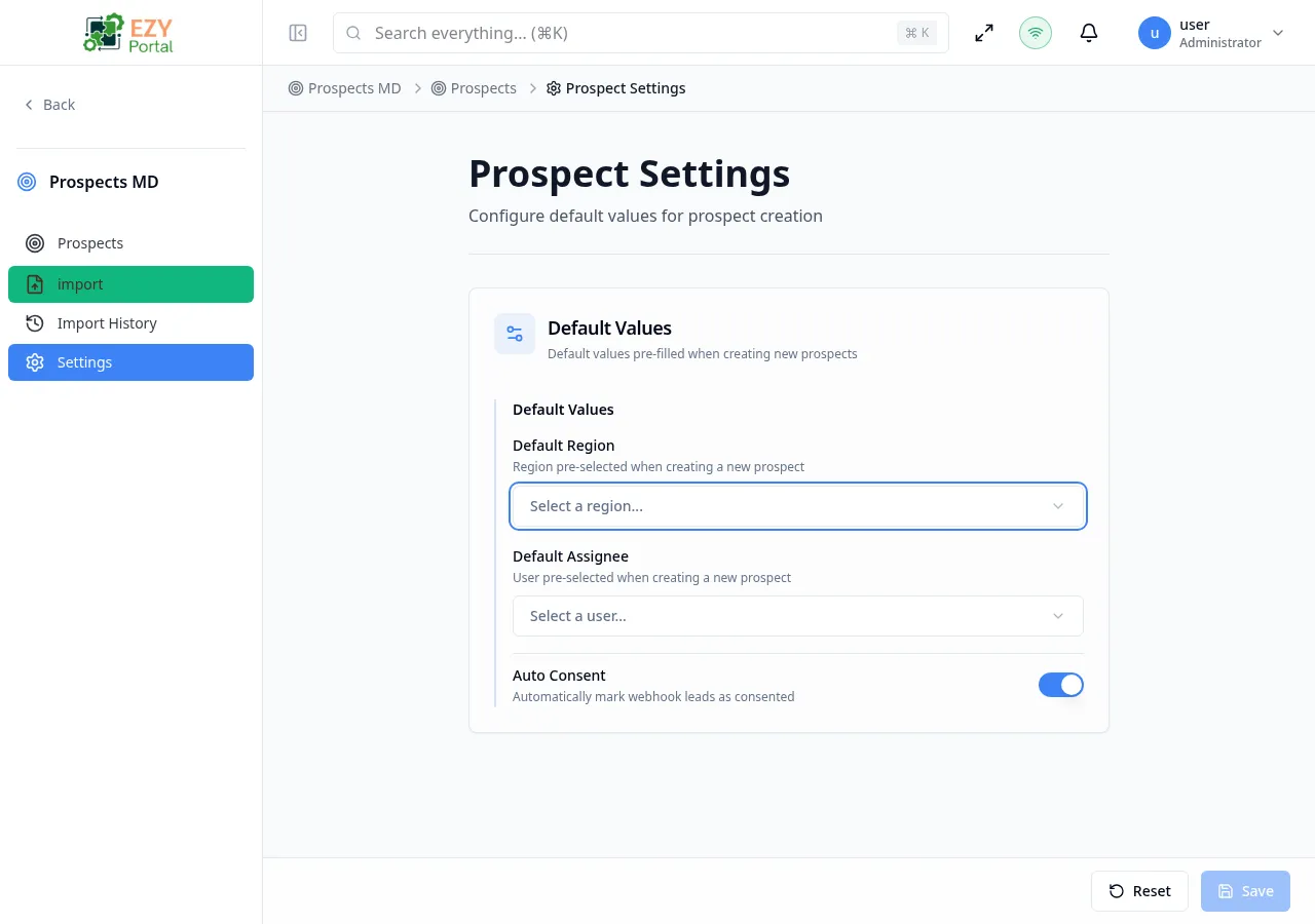 Prospect Settings page