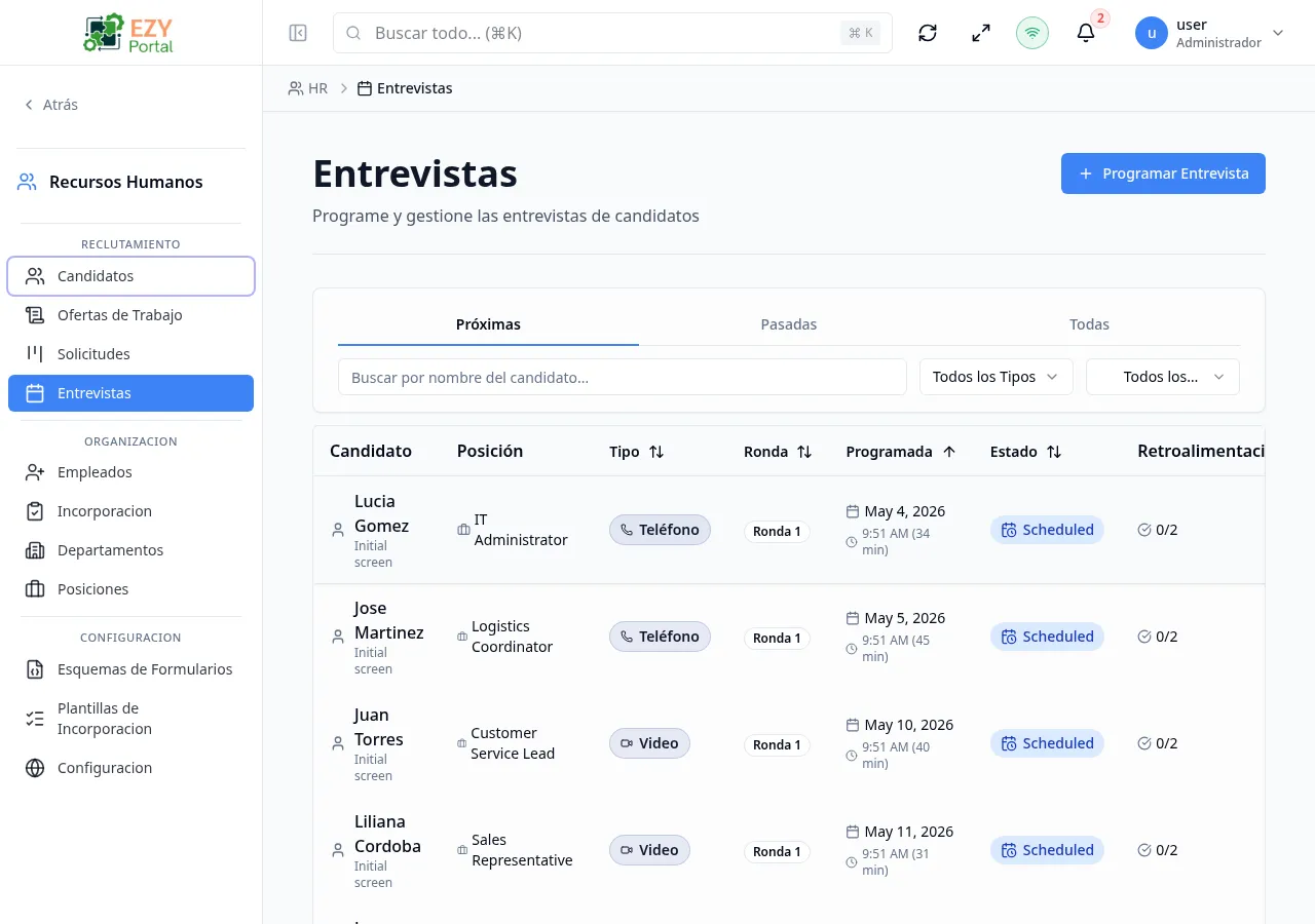 Lista de Entrevistas en la pestaña Próximas mostrando columnas Candidato, Cargo, Tipo, Ronda, Programada, Estado y Retroalimentación