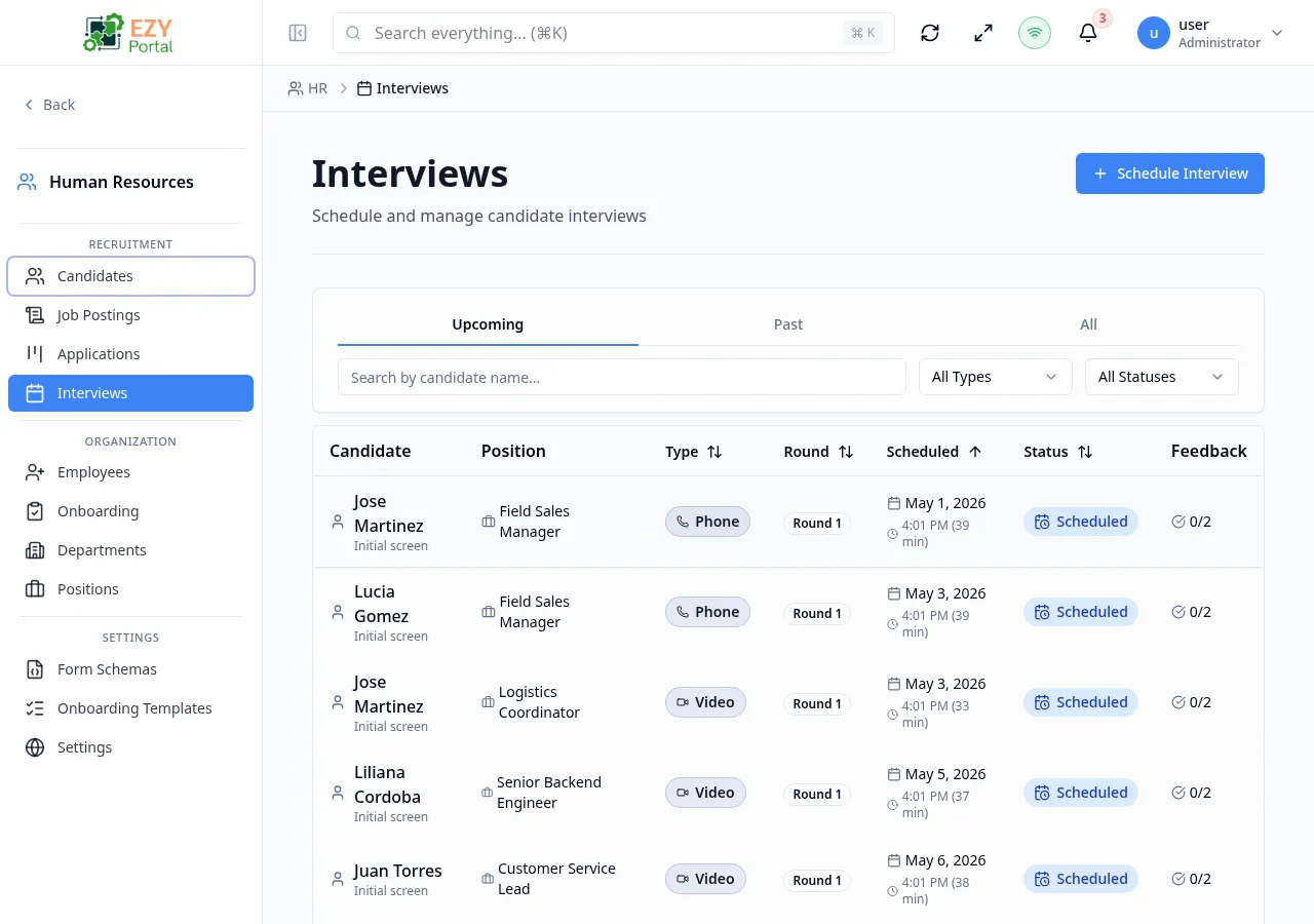 Interviews list on the Upcoming tab showing Candidate, Position, Type, Round, Scheduled, Status, and Feedback columns