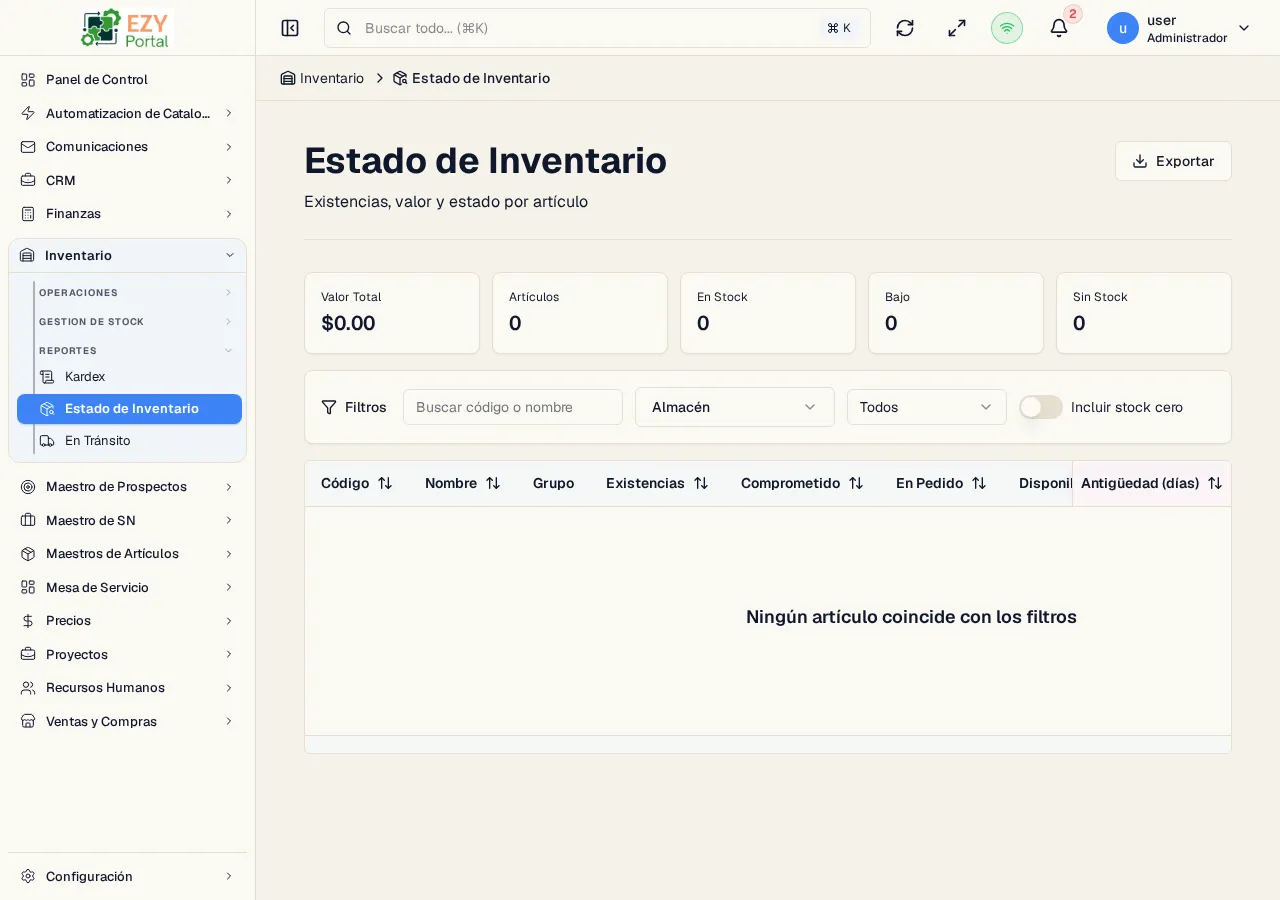 Reporte Estado de Inventario mostrando tarjetas de resumen, filtros y columnas de disponibilidad de stock