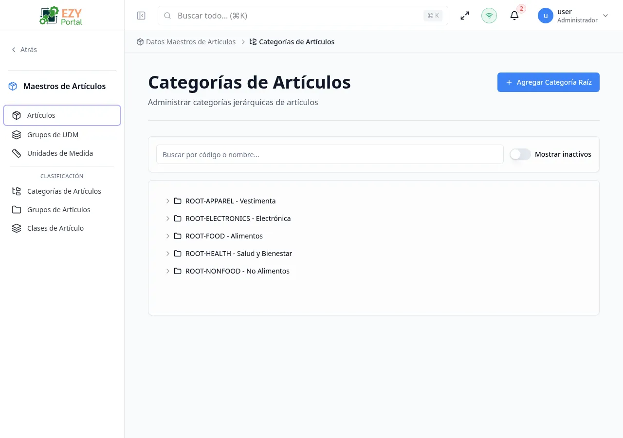 Página de categorías de artículos
