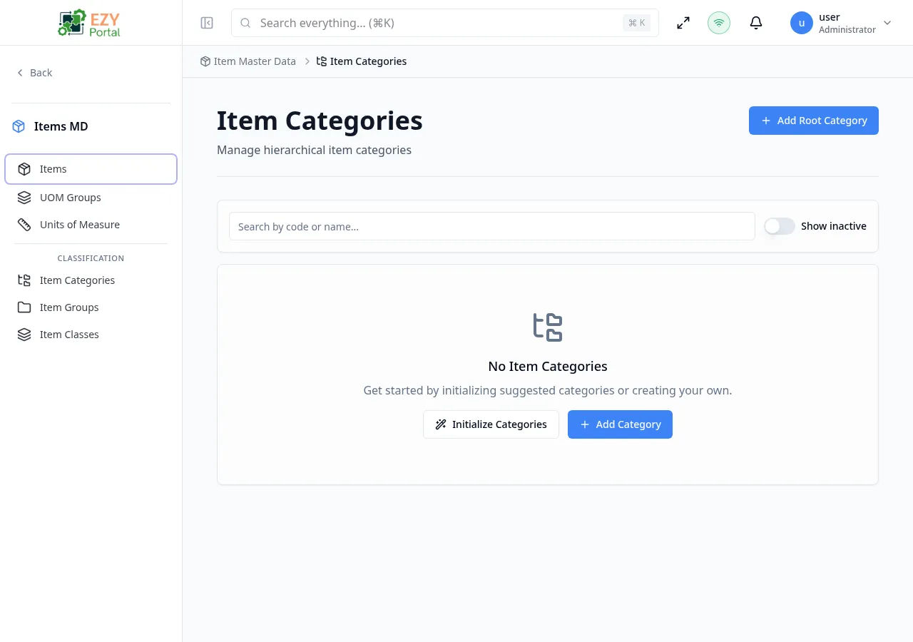 Item categories page