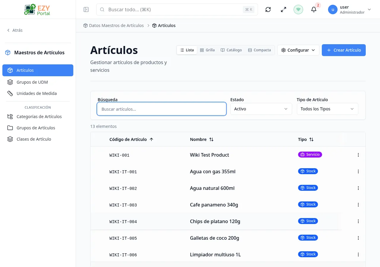 Página de lista de artículos