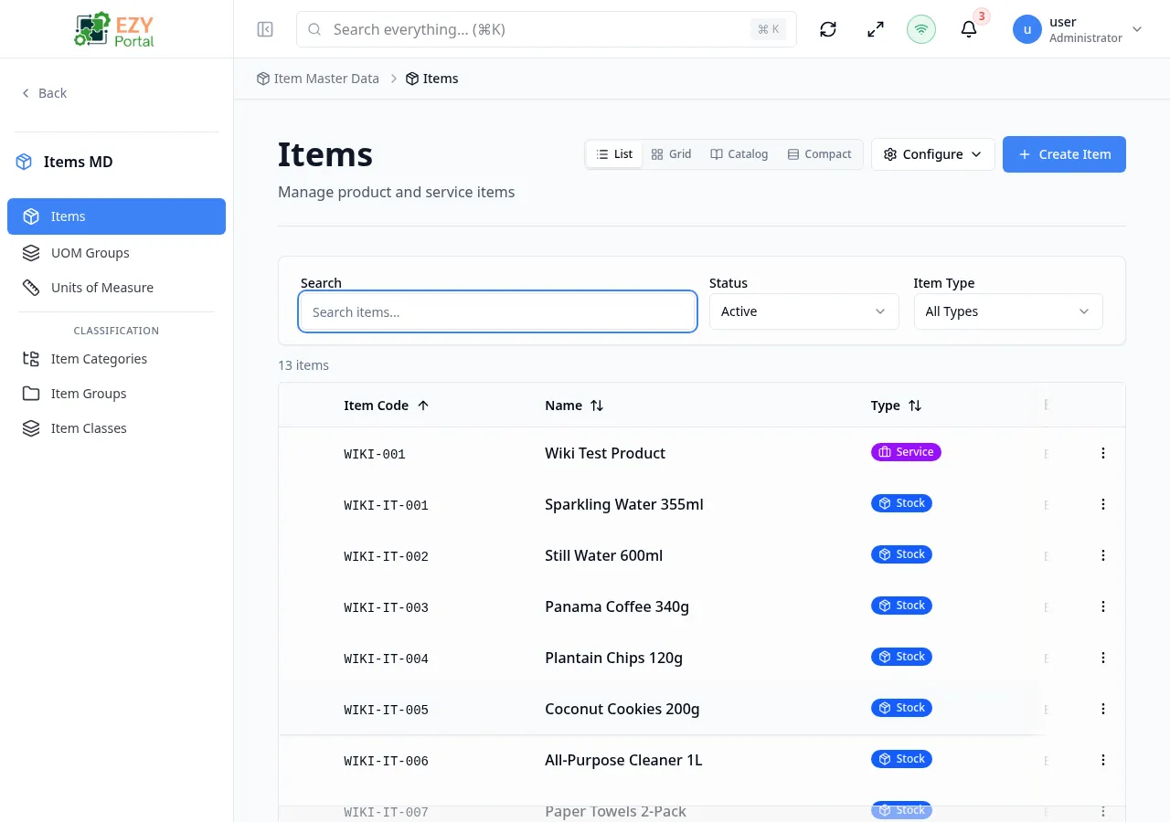 Items list page