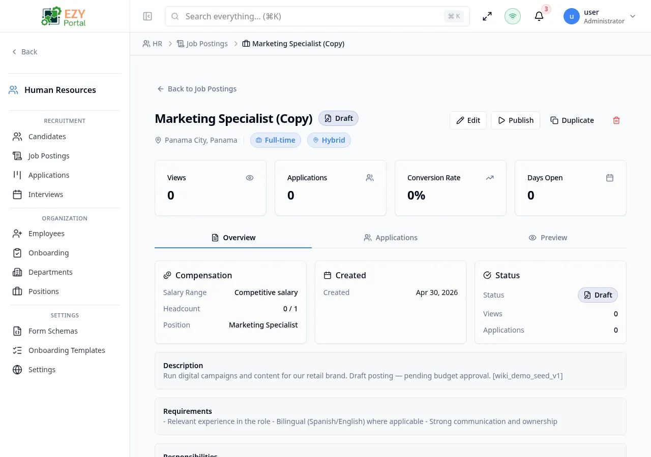 Job Posting Detail page showing metrics cards, posting details panel, and job description sections on the Overview tab