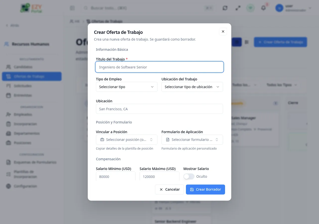 Diálogo Crear Oferta Laboral mostrando las secciones Información Básica, Cargo y Formulario, Compensación, Descripción del Trabajo y Configuraciones