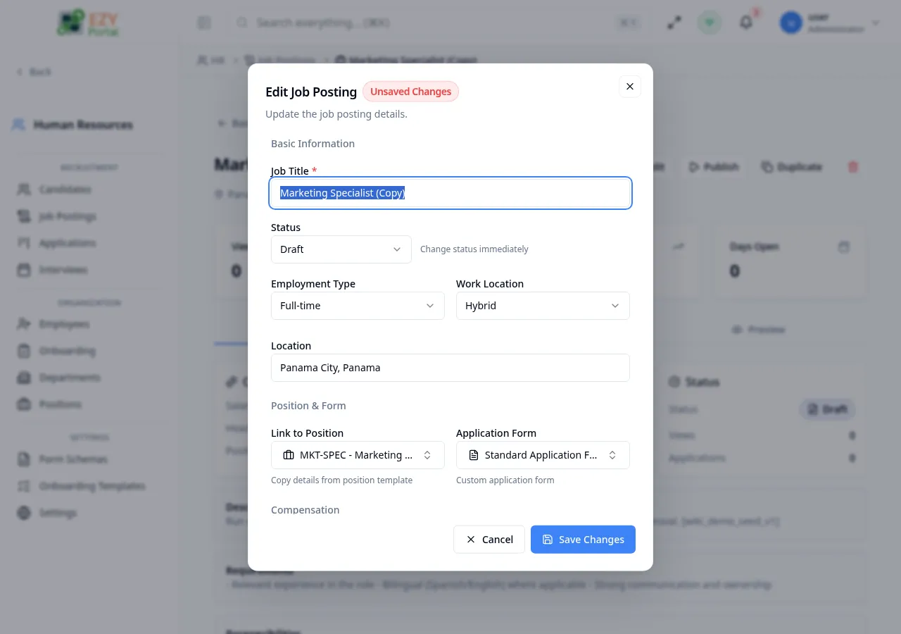 Edit Job Posting dialog pre-filled with existing job posting data