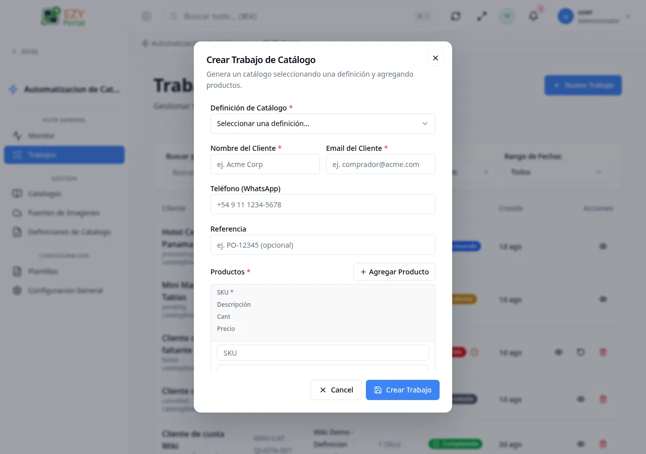 Diálogo Crear Trabajo mostrando campos de definición, cliente y tabla de productos