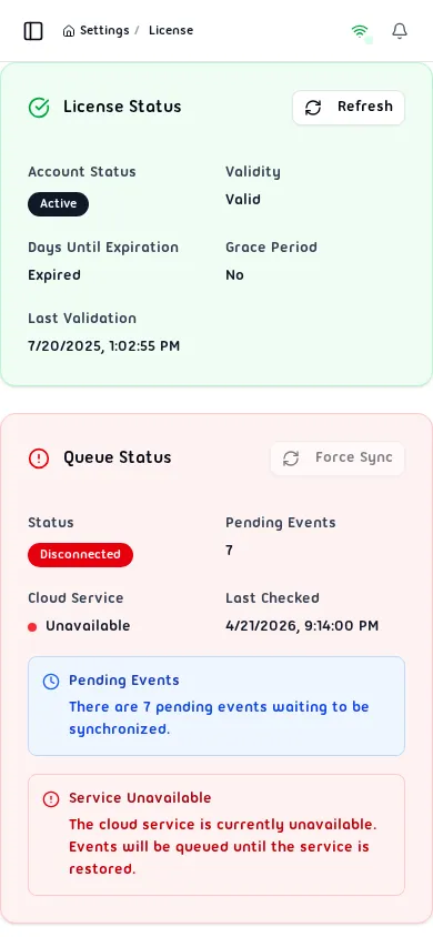 License page showing License Status and Queue Status cards