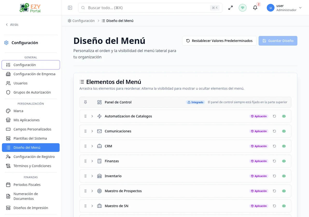 Página Diseño del menú