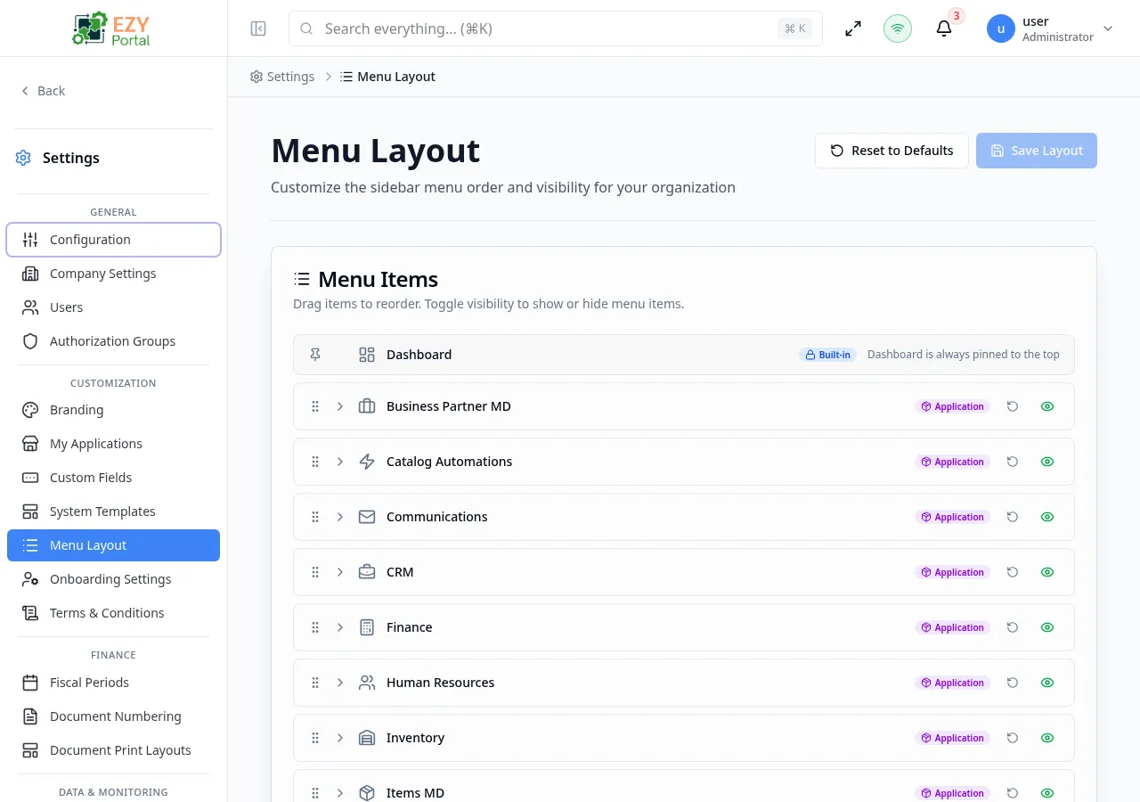 Menu Layout page