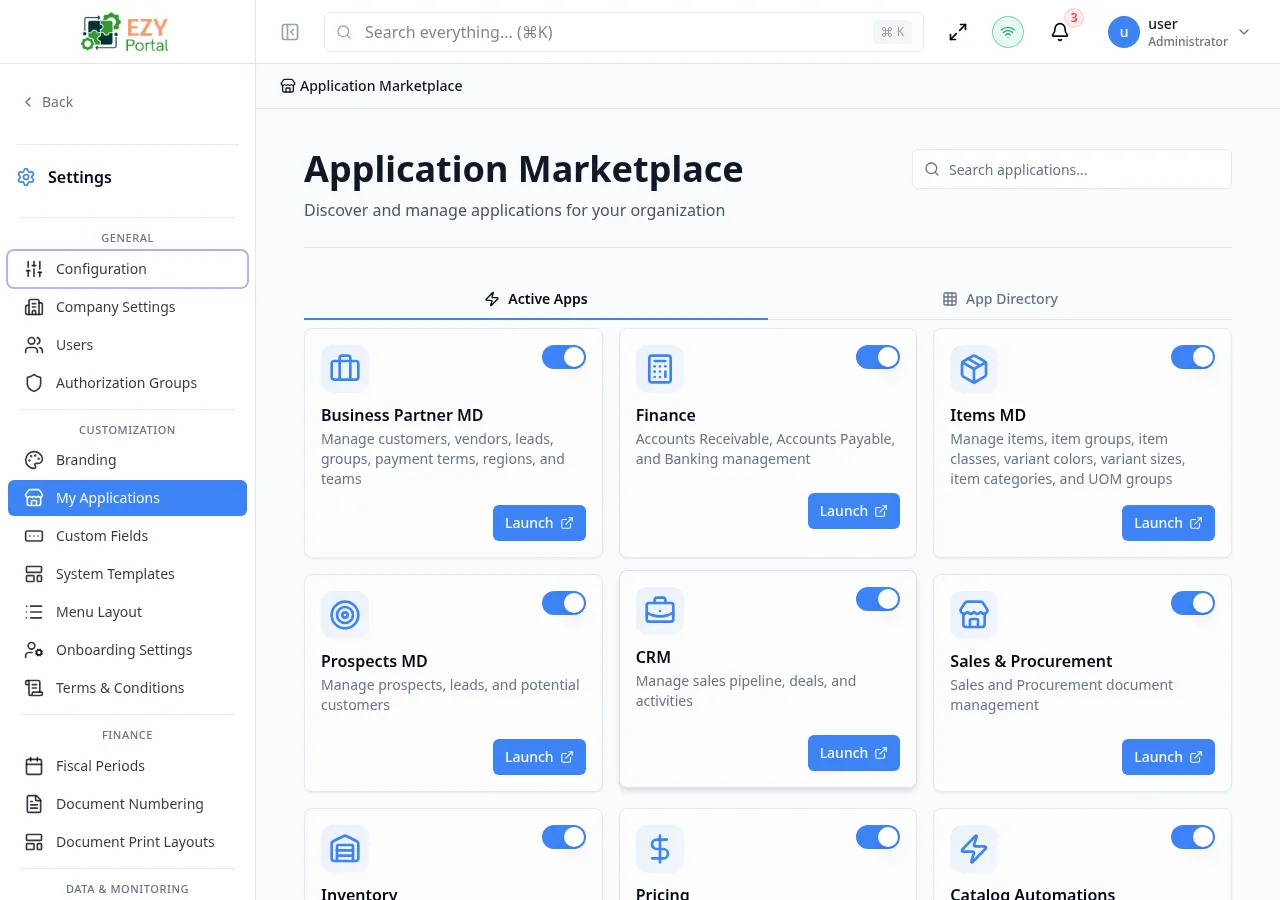 My Applications page