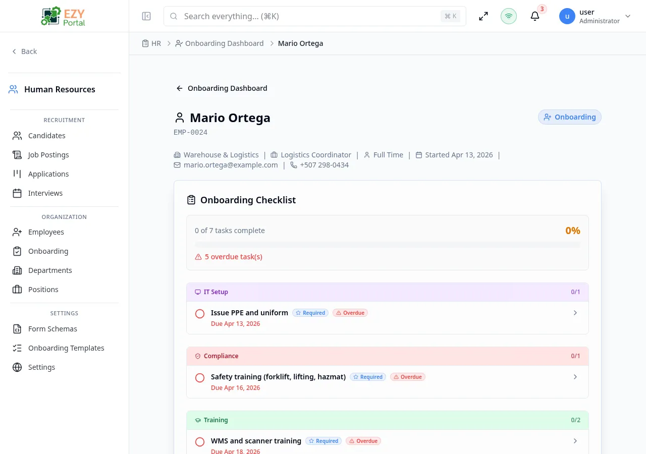 Onboarding Employee page showing the employee header with progress bar and a categorized task checklist with completion checkboxes and overdue badges