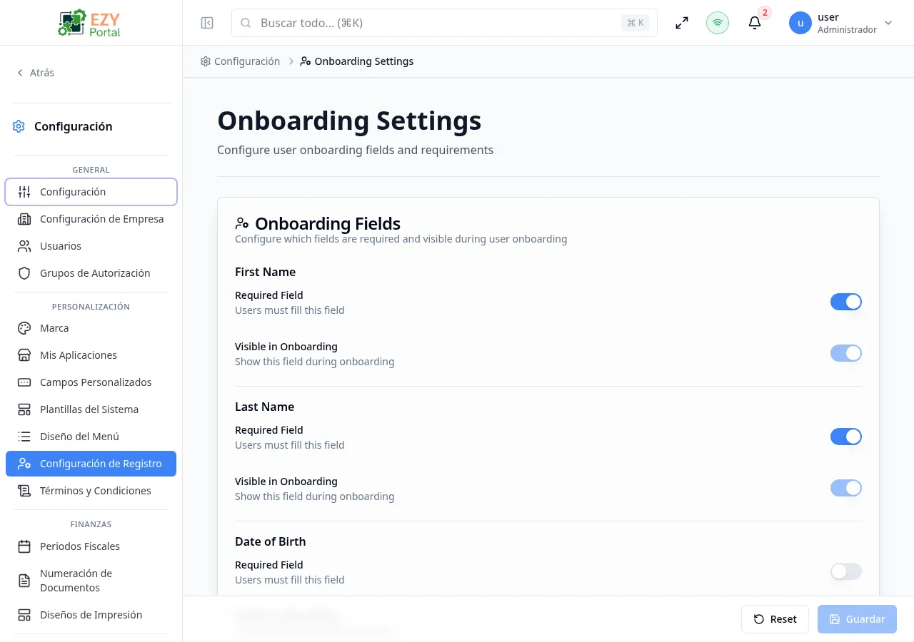 Página Configuración de onboarding